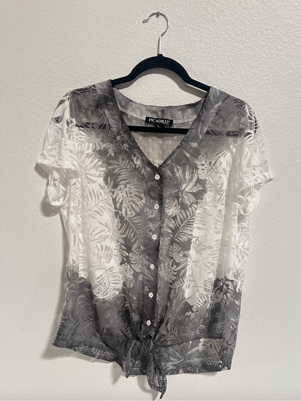 Picadilly Sheer White & Gray Leaf Print Tie-Front Blouse